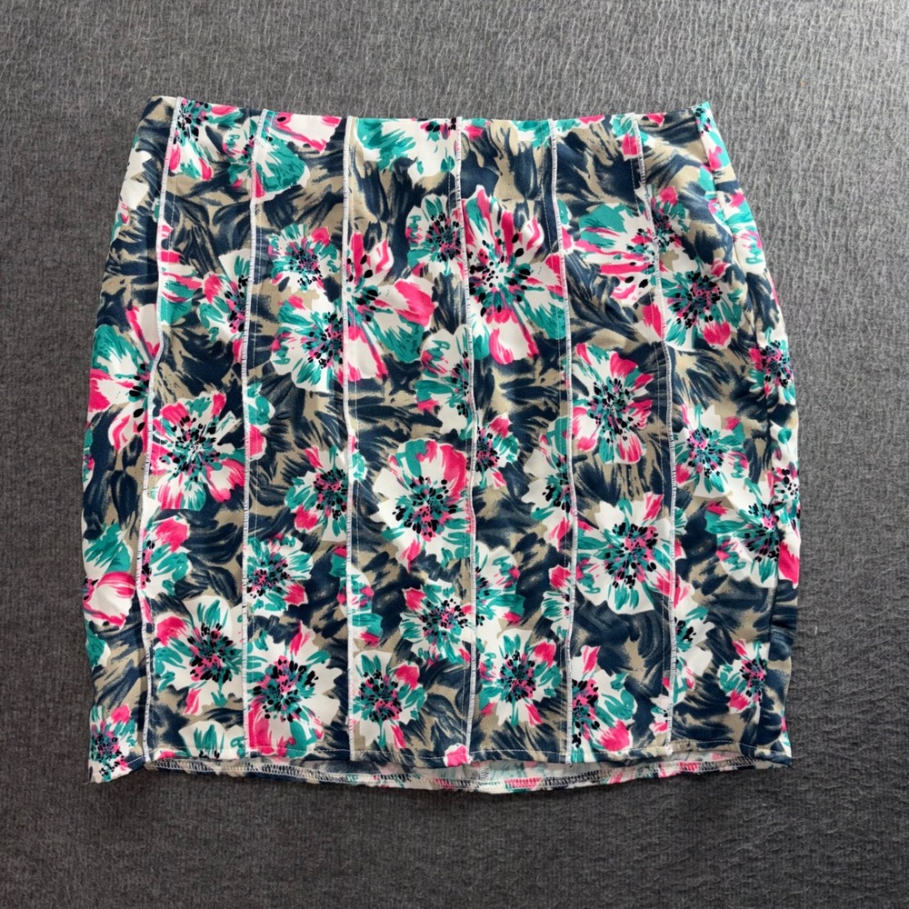 Love Riche Floral Mini Skirt Pink Teal Bodycon Exposed Back Zipper Size M